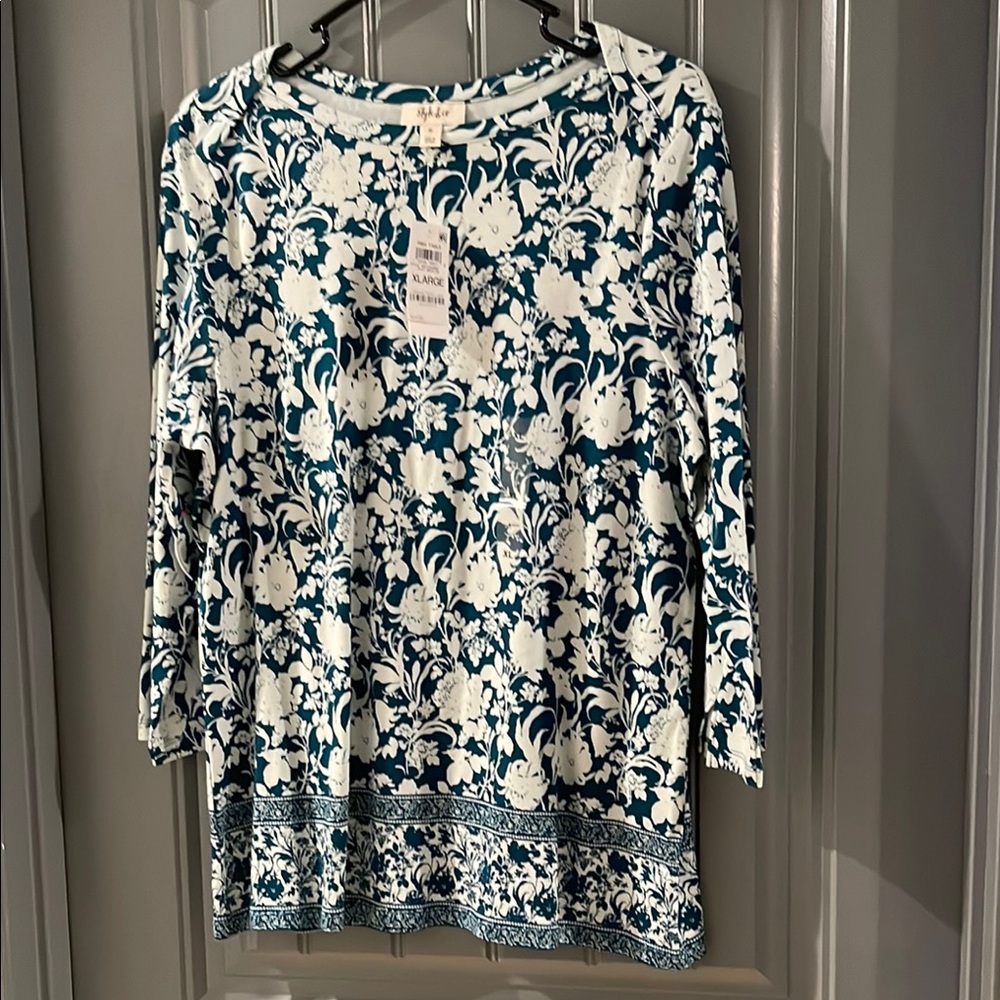 Style & Co. White and Cream 3/4 Sleeve Relaxed Blouse